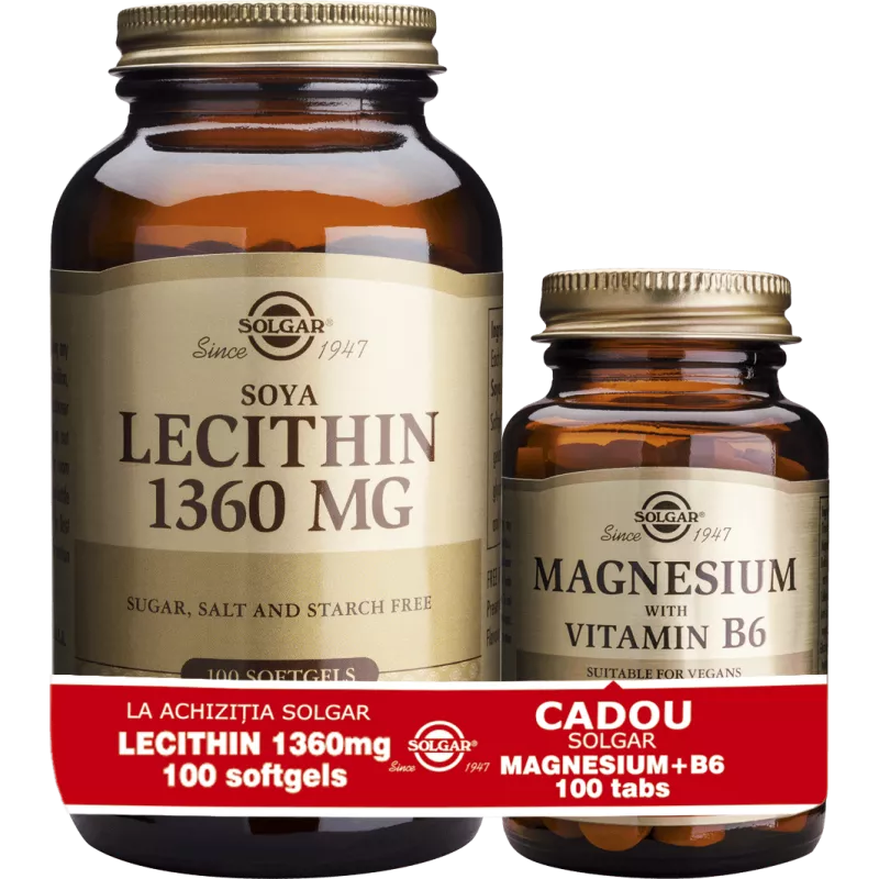 Pachet Lecithin 1360mg 100 capsule moi + Magnesium cu Vitamina B6 100 tablete, Solgar