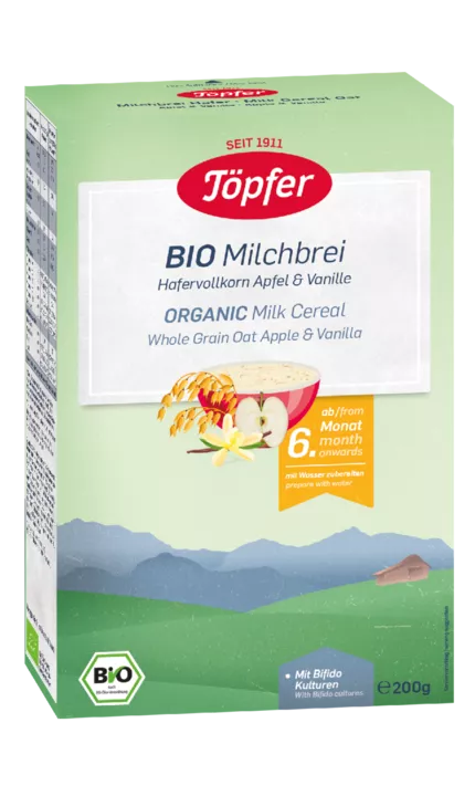 Topfer Cereale bio ovăz integral lapte măr vanilie, +6 luni, 200g