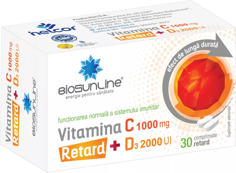 Vitamina C 1000+D3 2000 UI retard, 30 comprimate, Helcor