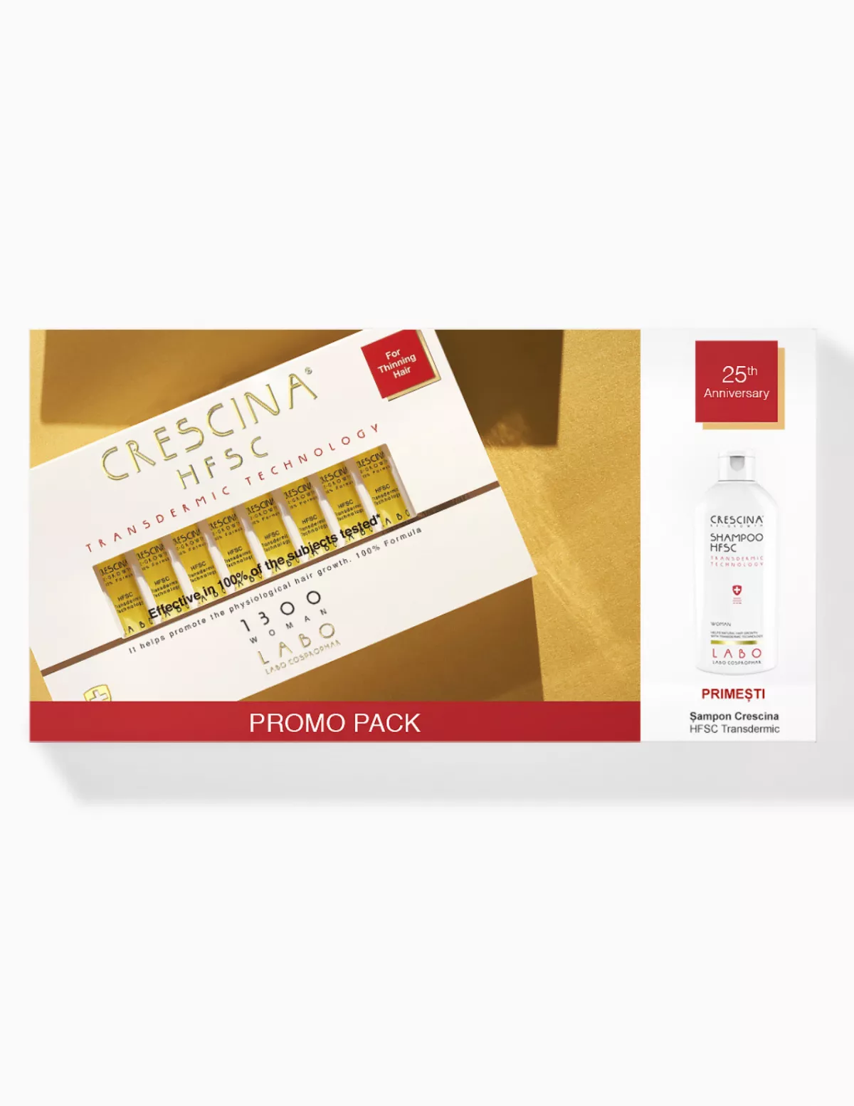 Pachet promoțional Tratament pentru recreșterea părului pentru femei LABO Crescina Transdermic Re-Growth HFSC 1300, 20 fiole x 3.5ml  + Șampon pentru recreșterea părului pentru femei LABO Crescina Transdermic HFSC, 200ml