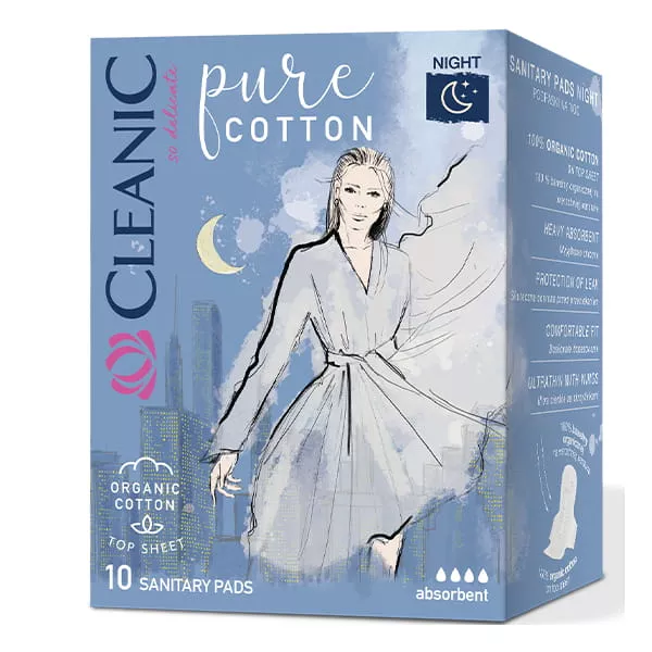 Absorbante de noapte cu bumbac organic Cleanic Pure Cotton, 10buc, [],drogheriemb.ro