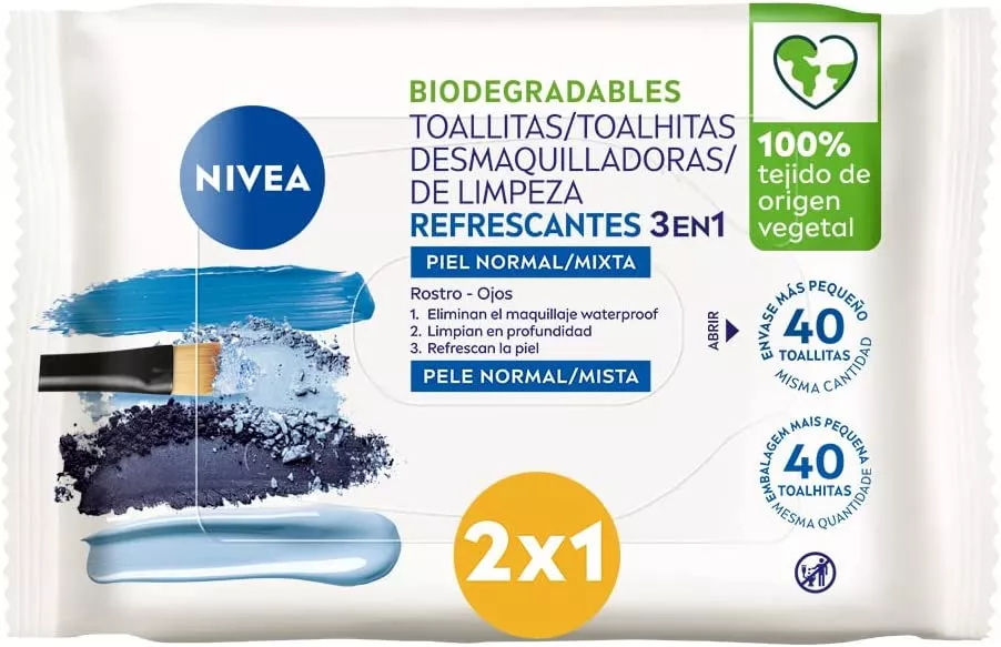Servetele umede demachiante NIVEA, Biodegradabile pentru ten normal/mixt 3 in 1, 40 buc, [],drogheriemb.ro