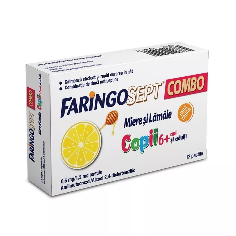 Faringosept Combo Miere si Lamaie, copii 6+ si adulti, 0,6 mg/1,2 mg, 12 pastile, Terapia, [],nordpharm.ro