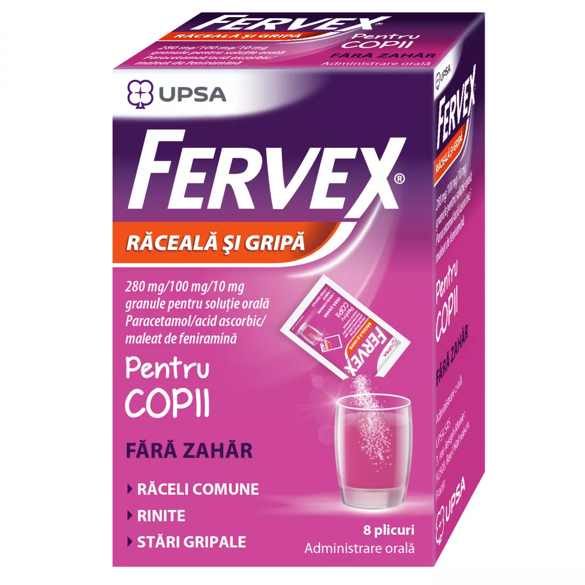 Fervex Raceala si Gripa fara zahar pentru copii, 280mg/100 mg/10 mg, 8 plicuri, Upsa, [],nordpharm.ro