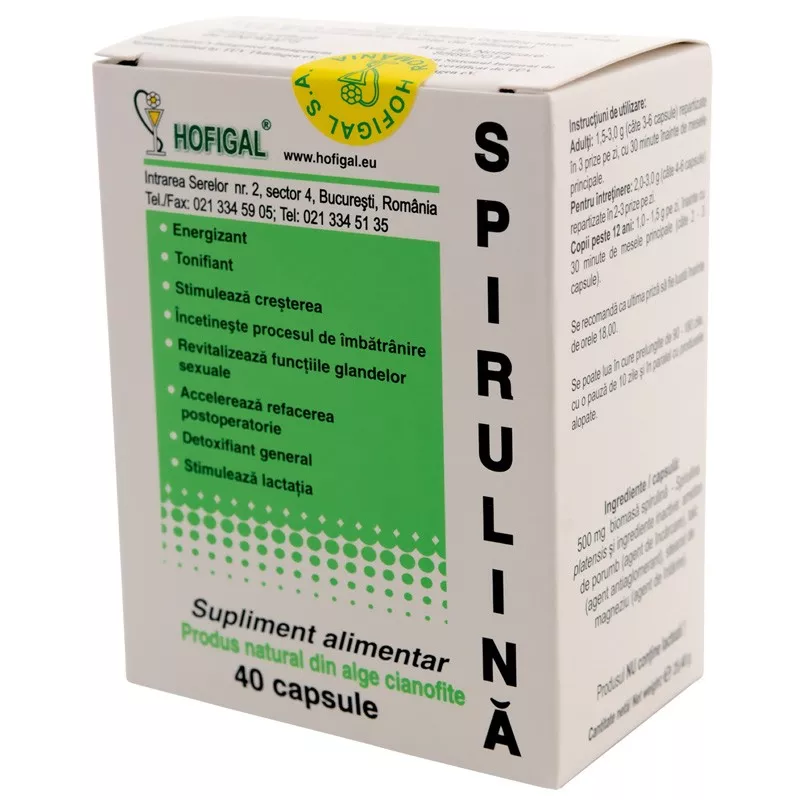 Spirulina, 500 mg, 40 capsule, Hofigal , [],nordpharm.ro