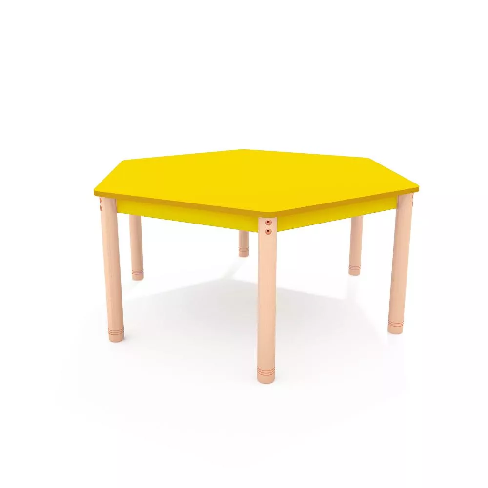 Masa hexagonala color galben din PAL si lemn masiv