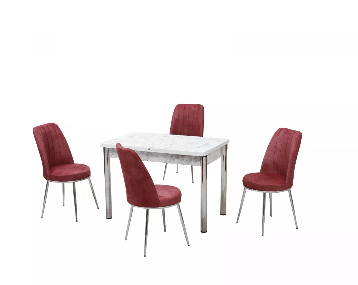 Set masă SOFIA extensibilă, alb marmorat cu 4 scaune grena-vișiniu