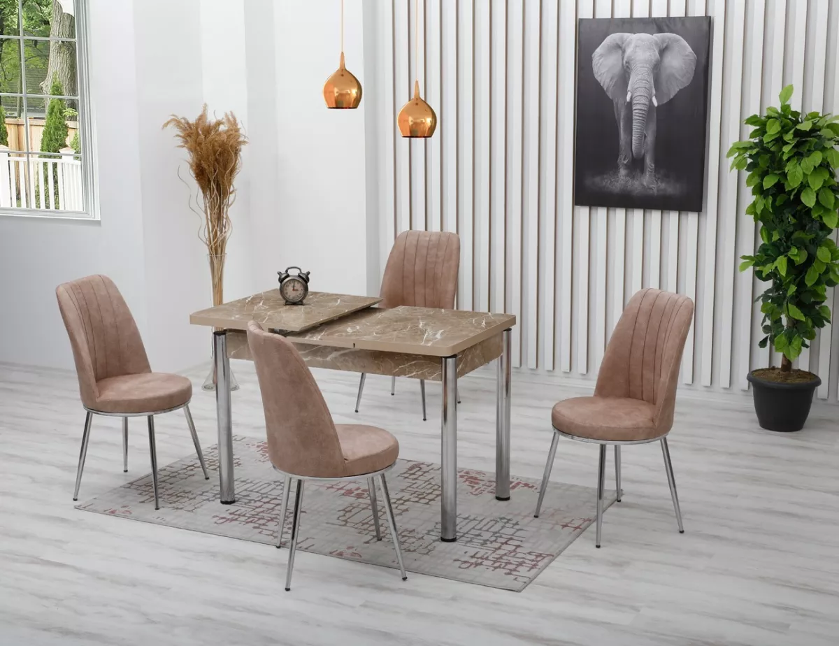 Set masă SOFIA extensibilă, maro marmorat cu 4 scaune bej deschis
