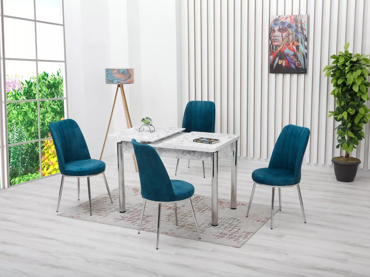 Set masă SOFIA extensibilă, alb marmorat cu 4 scaune albastru cobalt.