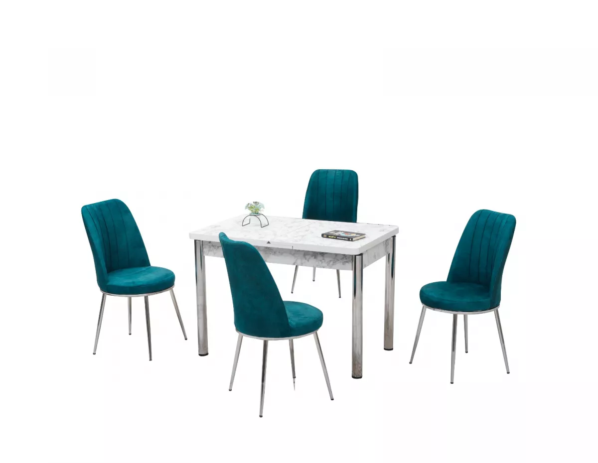Set masă SOFIA extensibilă, alb marmorat cu 4 scaune albastru cobalt.