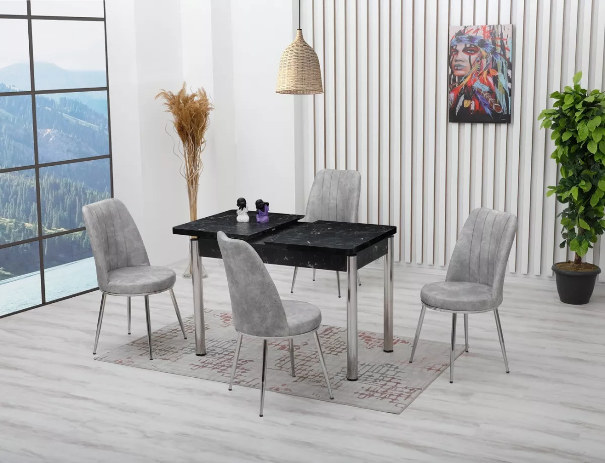 Set masă SOFIA extensibilă, NEGRU marmorat cu 4 scaune griu deschis