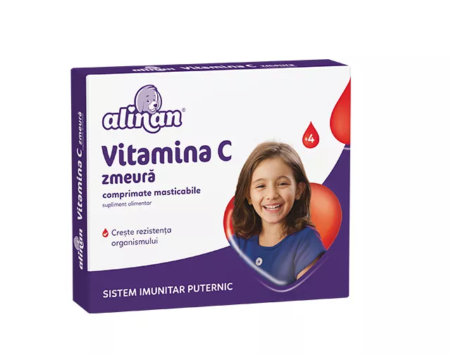 Vitamina C pentru copii cu aromă de zmeură Alinan, 20 comprimate, Fiterman, [],remediumfarm.ro