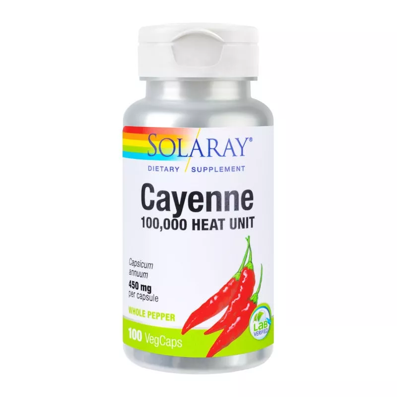 Cayenne ardei iute 450mg Solaray, 100 capsule, Secom, [],remediumfarm.ro
