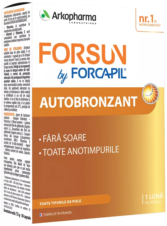 Forcapil Forsun Autobronzant, 30 capsule, Arkopharma, [],remediumfarm.ro