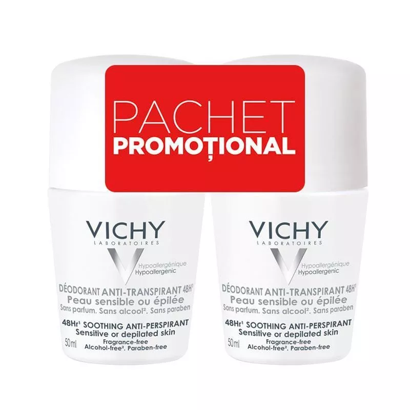 Vichy Deo bi-pack roll-on antiperspirant 48h piele sensibila sau epilata, fara parfum, 2x 50ml, [],epastila.ro