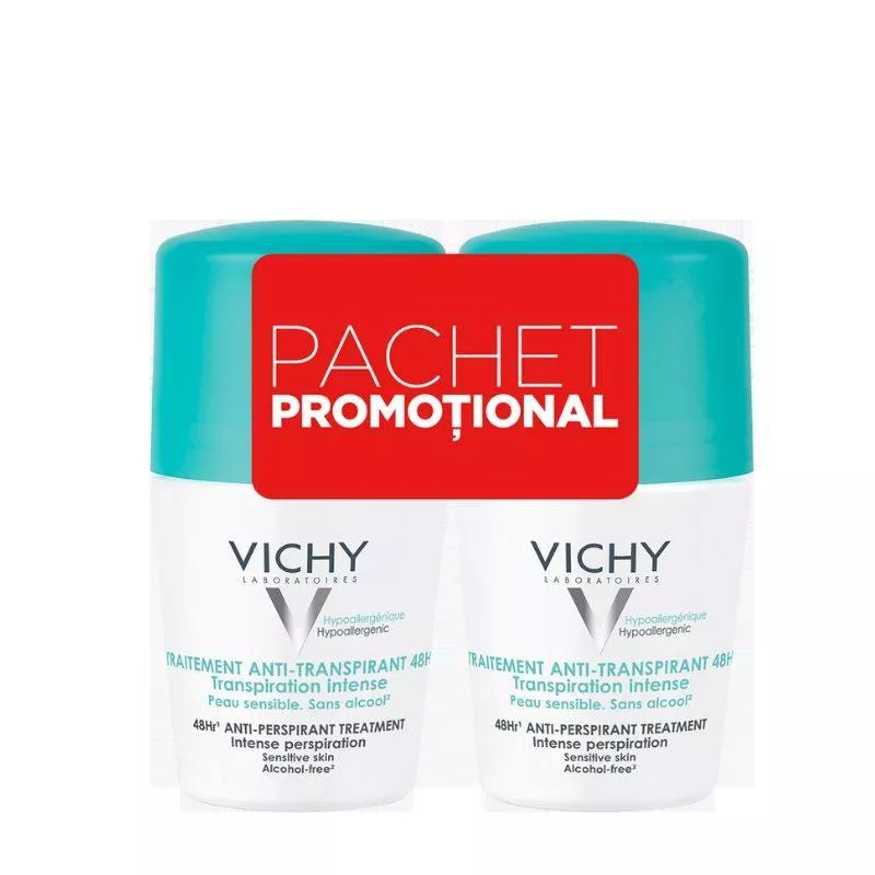 Vichy Deo bi-pack roll-on antiperspirant intens eficacitate 48h cu parfum, 2x 50ml, [],epastila.ro