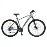 Bicicleta MTB-HT Carpat Invictus C2957C, Schimbator Shimano Tourney, 21 Viteze, Cadru Aluminiu, Roti 29 Inch, Frane pe Disc, Gri cu Design Albastru/Negru