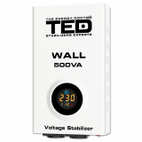 Stabilizator tensiune 300W 230V cu 2 iesiri Schuko si sinusoidala pura + ecran LCD si cleme prindere in perete, TED Electric TED002174