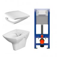 Pachet rezervor WC incastrat, Dezit, placa comanda + vas WC suspendat Cersanit Carina si capac WC, crom