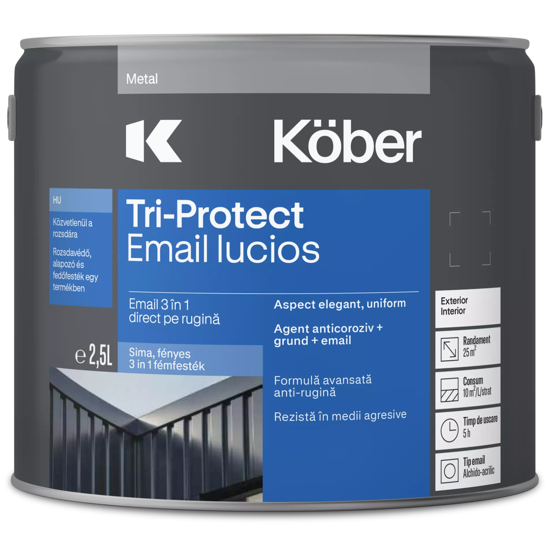 Email pentru metal 3in1 lucios Köber Tri-Protect Lucios Negru 2,5L