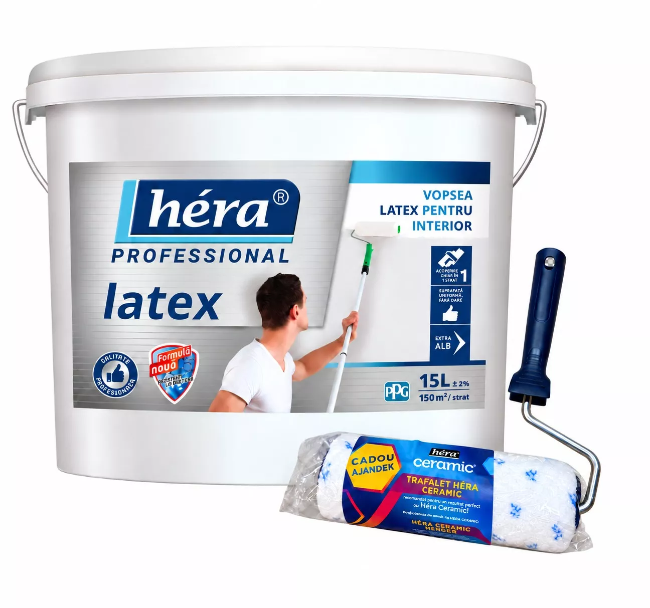 Vopsea lavabila alba Héra Professional Latex 15L + Rola 18cm Cadou