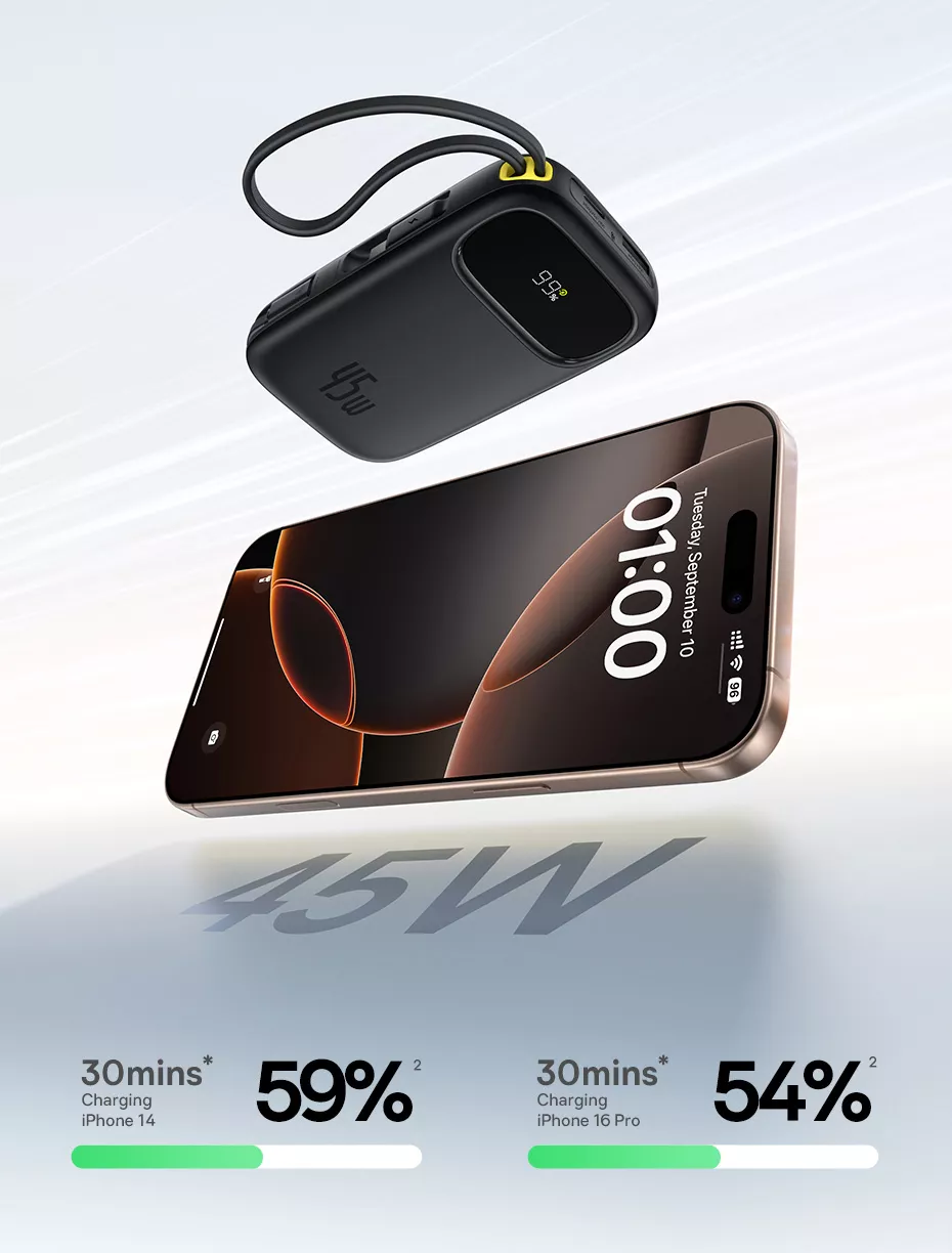 Baterie externa Baseus EnerFill FC31 Qpow 3 20.000 mAh, 45W, cablu USB-C si Lightning incorporat, Negru, [9],https:b2b.eastcom.ro