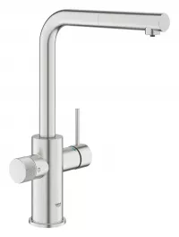 Baterie bucatarie Grohe Blue Pure Minta, inalta, tip L, filtrare, dus, mat, otel satinat, 30601DC0