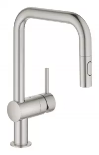 Baterie bucatarie Grohe Minta, inalta, tip U, dus extractabil, mat, otel satinat, 32322DC2