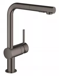 Baterie de bucatarie Grohe Minta 30274A00, 3/8'', pipa inalta, tip L, dus extractabil, 2 functii, lucios, grafit