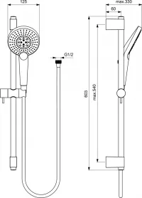 Coloana de dus Ideal Standard EvoJet B1761, universal, aparent, 600 mm, para 125 mm, furtun 1.75 m, 3 functii, culisanta, crom