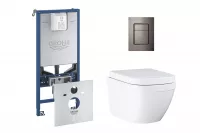 Pachet WC Grohe Euro Ceramic 39693000, suspendat, cadru Rapid SLX, WC si clapeta Grohe, rimless, softclose, clapeta grafit lucios, alb