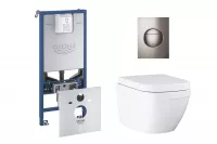 Pachet WC Grohe Euro Ceramic 39693000, suspendat, cadru Rapid SLX, WC si clapeta Grohe, rimless, softclose, clapeta grafit lucios, alb