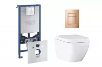 Pachet WC Grohe Euro Ceramic 39693000, suspendat, cadru Rapid SLX, WC si clapeta Grohe, rimless, softclose, clapeta cupru lucios, alb