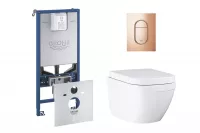 Pachet WC Grohe Euro Ceramic 39693000, suspendat, cadru Rapid SLX, WC si clapeta Grohe, rimless, softclose, clapeta cupru lucios, alb