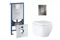 Pachet WC Grohe Euro Ceramic 39693000, suspendat, cadru Rapid SLX, WC si clapeta Grohe, rimless, softclose, clapeta grafit mat, alb