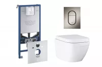 Pachet WC Grohe Euro Ceramic 39693000, suspendat, cadru Rapid SLX, WC si clapeta Grohe, rimless, softclose, clapeta grafit mat, alb