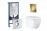Pachet WC Grohe Euro Ceramic 39693000, suspendat, cadru Rapid SLX, WC si clapeta Grohe, rimless, softclose, clapeta auriu mat, alb