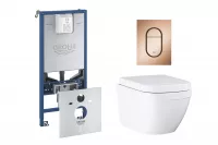 Pachet WC Grohe Euro Ceramic 39693000, suspendat, cadru Rapid SLX, WC si clapeta Grohe, rimless, softclose, clapeta cupru mat, alb