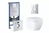 Pachet WC Grohe Euro Ceramic 39693000, suspendat, cadru Rapid SLX, WC si clapeta Grohe, rimless, softclose, clapeta crom, alb