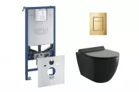 Pachet WC Grohe 37535GL0, suspendat, WC Kielle Gaia, Rimless, SoftClose, cadru Rapid SLX, antifonare, placuta auriu lucios, negru