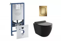 Pachet WC Grohe 37535GN0, suspendat, WC Kielle Gaia, Rimless, SoftClose, cadru Rapid SLX, antifonare, placuta auriu mat, negru