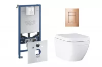 Pachet WC Grohe Euro Ceramic 39554000, suspendat, WC Grohe, cadru Rapid SLX, rimless, solftclose, alb, clapeta cupru lucios