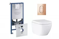 Pachet WC Grohe Euro Ceramic 39554000, suspendat, WC Grohe, cadru Rapid SLX, rimless, solftclose, alb, clapeta cupru lucios