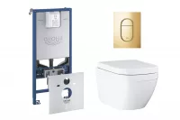 Pachet WC Grohe Euro Ceramic 39554000, suspendat, WC Grohe, cadru Rapid SLX, rimless, solftclose, alb, clapeta auriu lucios