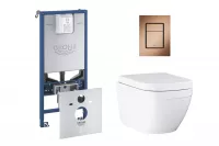 Pachet WC Grohe Euro Ceramic 39554000, suspendat, WC Grohe, cadru Rapid SLX, rimless, solftclose, alb, clapeta cupru mat