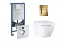 Pachet WC Grohe Euro Ceramic 39554000, suspendat, WC Grohe, cadru Rapid SLX, rimless, solftclose, alb, clapeta auriu mat