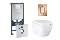 Pachet WC Grohe Euro Ceramic 39554000, suspendat, WC Grohe, cadru Rapid SLX, rimless, solftclose, alb, clapeta cupru mat