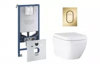 Pachet WC Grohe Euro Ceramic 39554000, suspendat, WC Grohe, cadru Rapid SLX, rimless, solftclose, alb, clapeta auriu mat