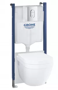 Pachet WC Grohe Euro Ceramic 5in1 39700000, suspendat, cadru, placuta crom, SoftClose, Rimless, alb