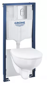 Pachet WC suspendat Grohe Bau Ceramic, cadru, WC Grohe, Rimless, SoftClose, clapeta crom, alb, 36504000